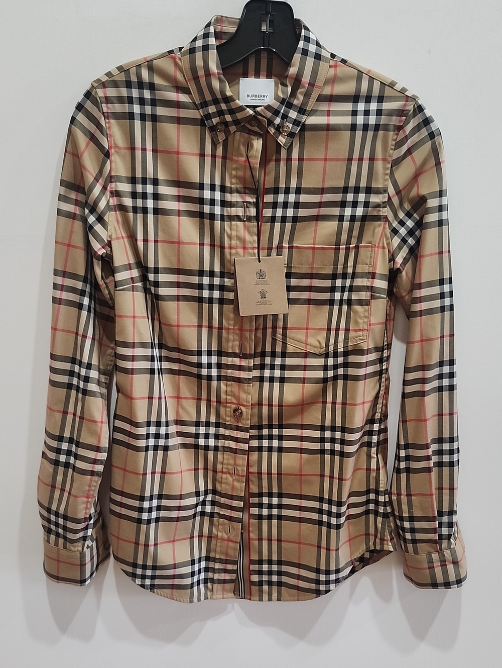 Burberry Beige Plaid Button-Down Shirt with Black and Red Accents